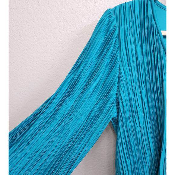 Green Blue Teal Pleated Material Beaded Rhinestone A Line Dress 16 Lightweight - Picture 3 of 5